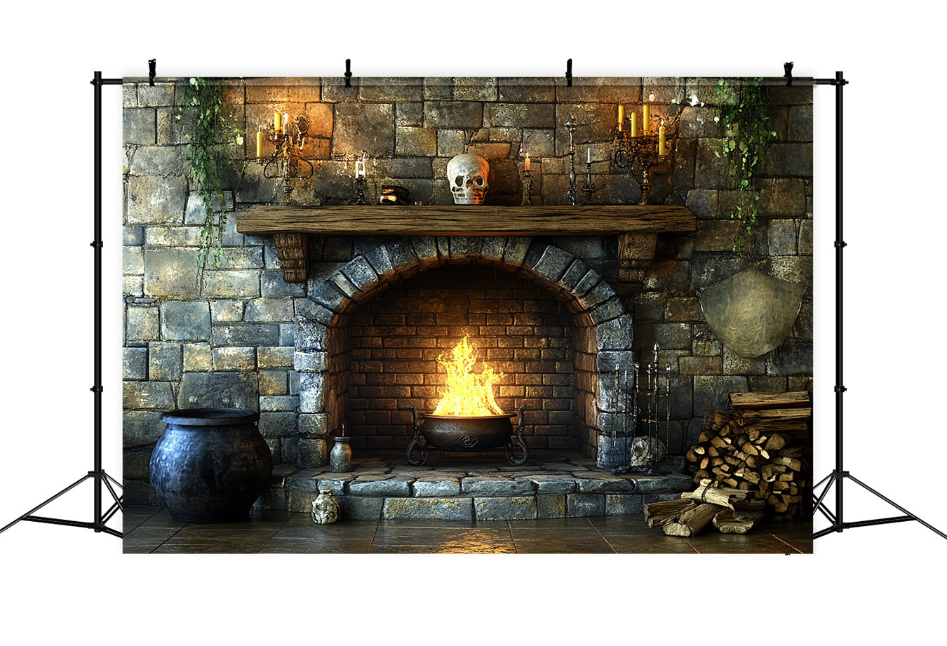 Fireplace Backdrop Witch Cauldron Fireplace Flames Halloween Backdrop CSH58-60