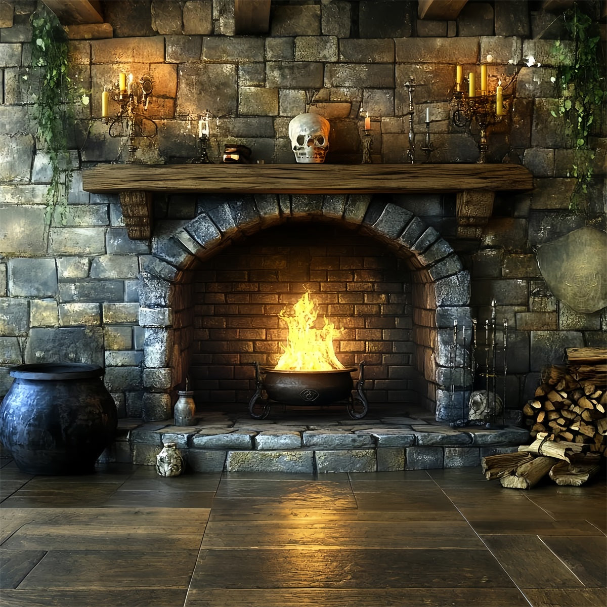 Fireplace Backdrop Witch Cauldron Fireplace Flames Halloween Backdrop CSH58-60