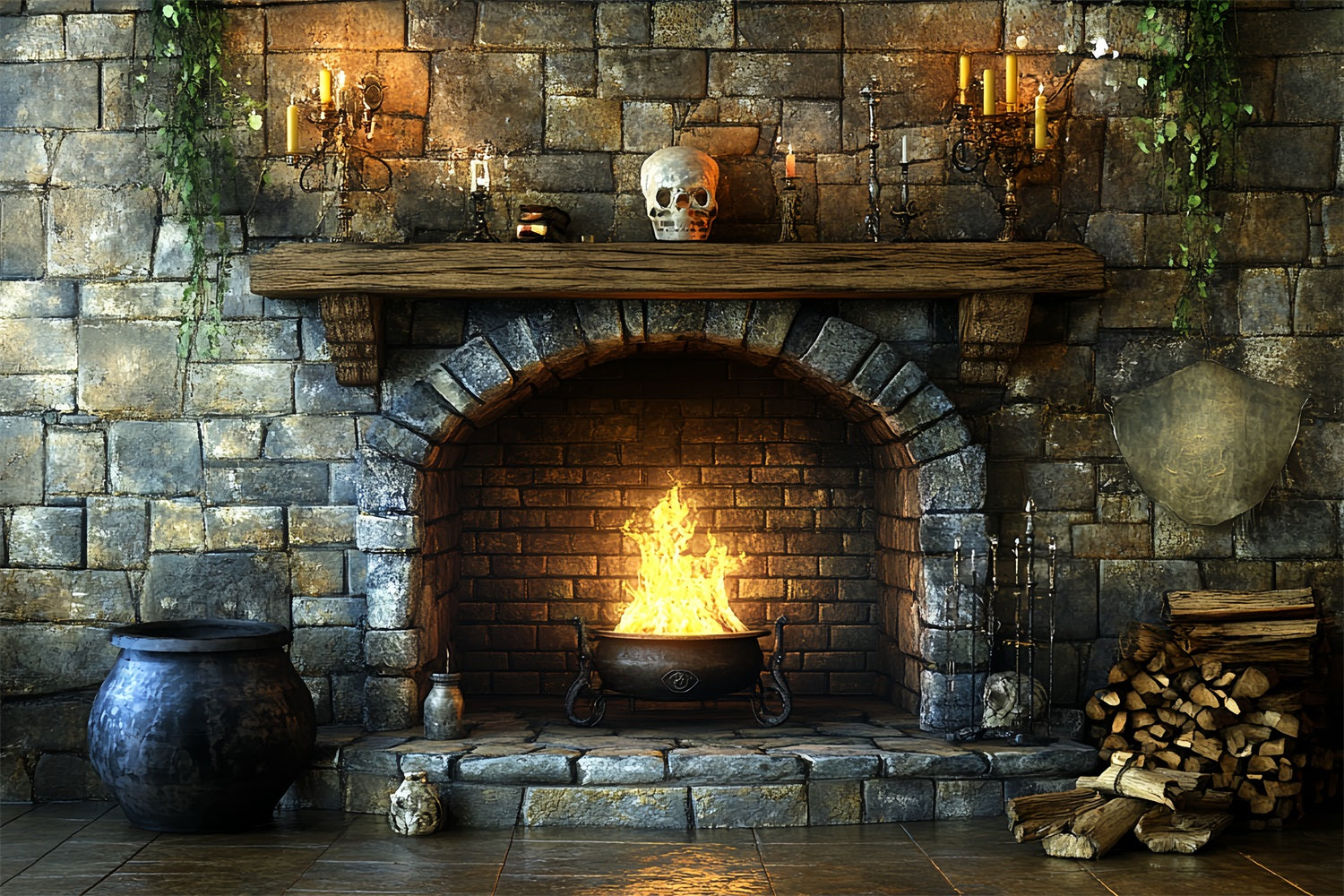 Fireplace Backdrop Witch Cauldron Fireplace Flames Halloween Backdrop CSH58-60