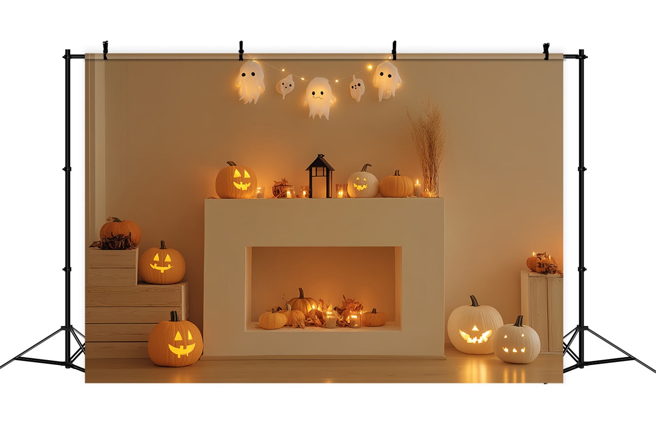 Fireplace Backdrop Smiling Pumpkin Ghost Mantel Halloween Photo Backdrop CSH58-63