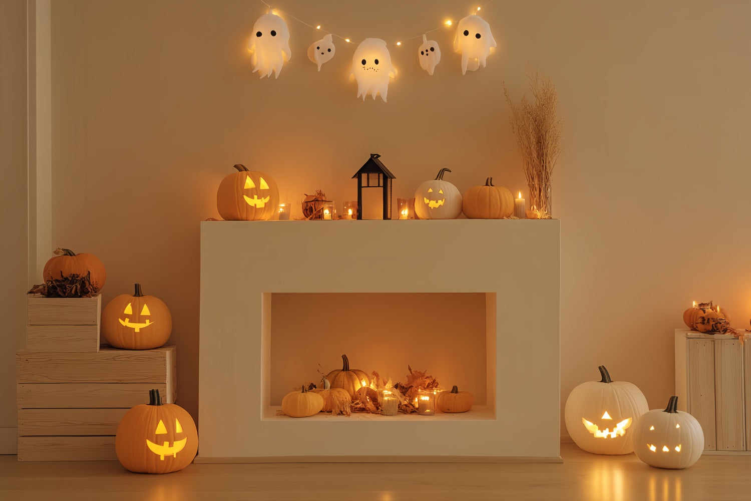 Fireplace Backdrop Smiling Pumpkin Ghost Mantel Halloween Photo Backdrop CSH58-63