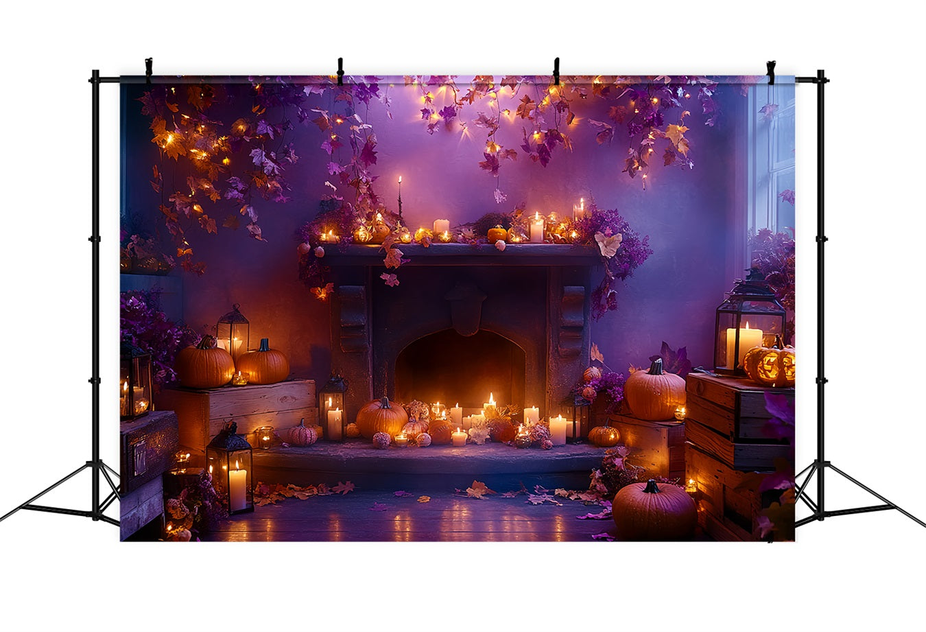 Fireplace Backdrop Autumn Leaves Candle Glow Halloween Picture Backdrop CSH58-64