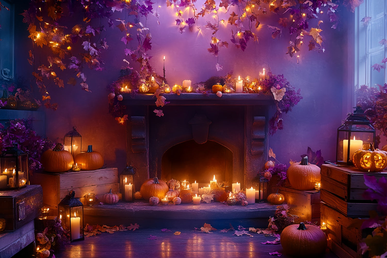 Fireplace Backdrop Autumn Leaves Candle Glow Halloween Picture Backdrop CSH58-64