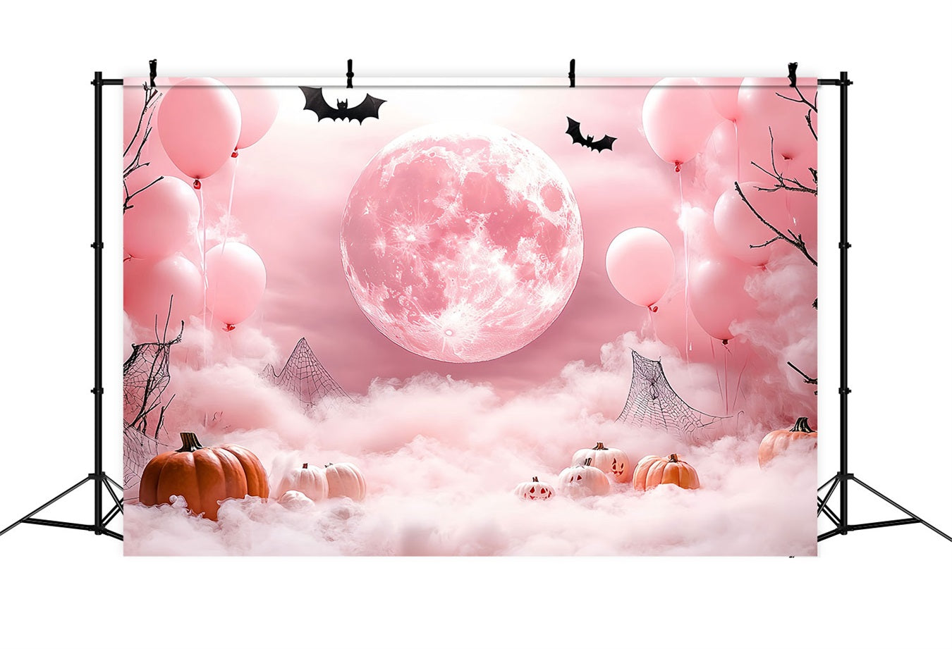 Moon Backdrop Foggy Pink Moonlight Pumpkins Halloween Backdrop CSH58-68