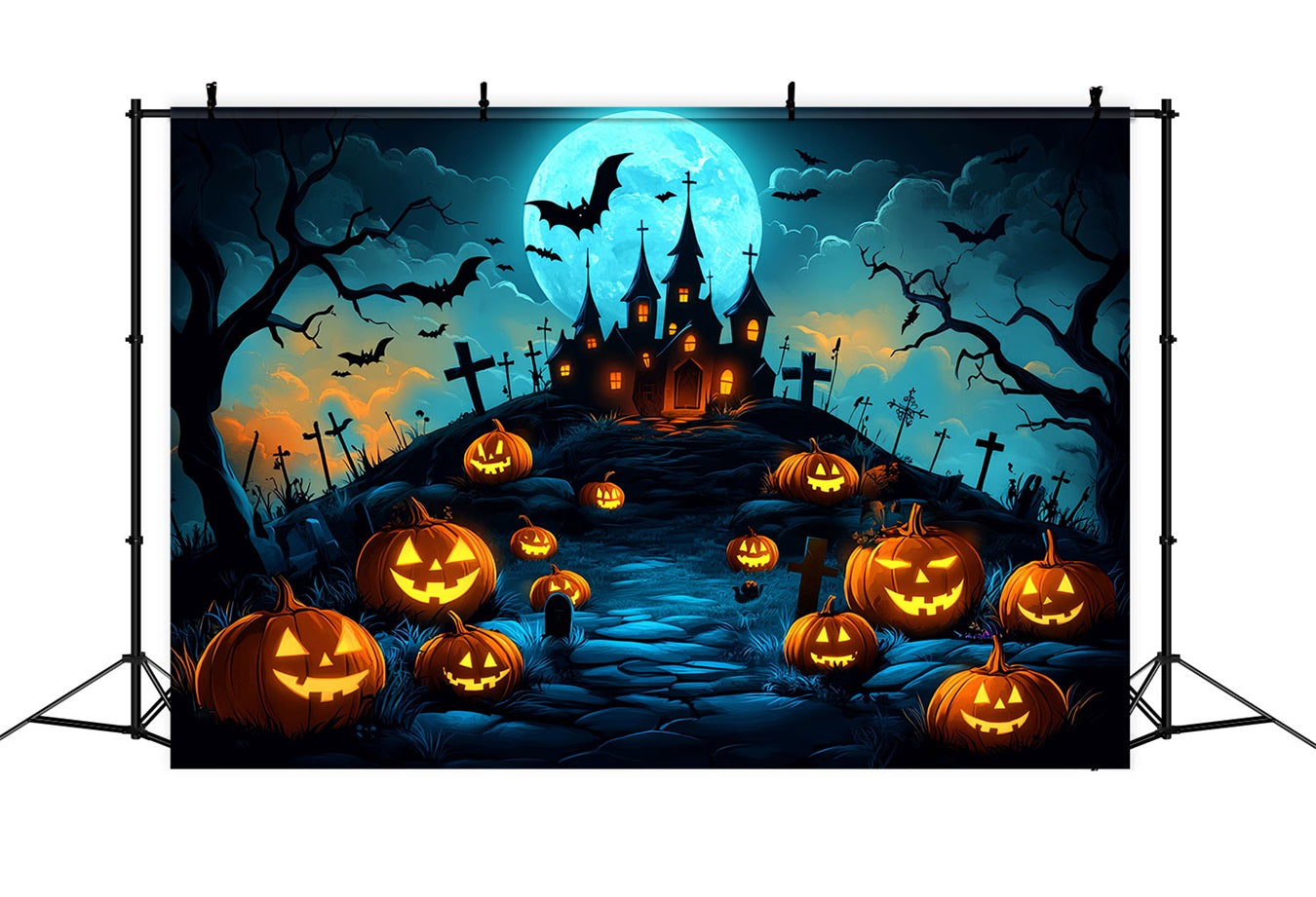 Moon Backdrop Pumpkin Hill Haunted Castle Halloween Backdrop Ideas CSH58-70