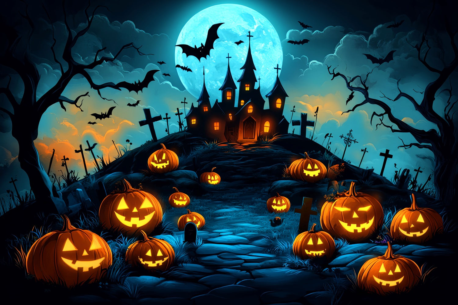 Moon Backdrop Pumpkin Hill Haunted Castle Halloween Backdrop Ideas CSH58-70