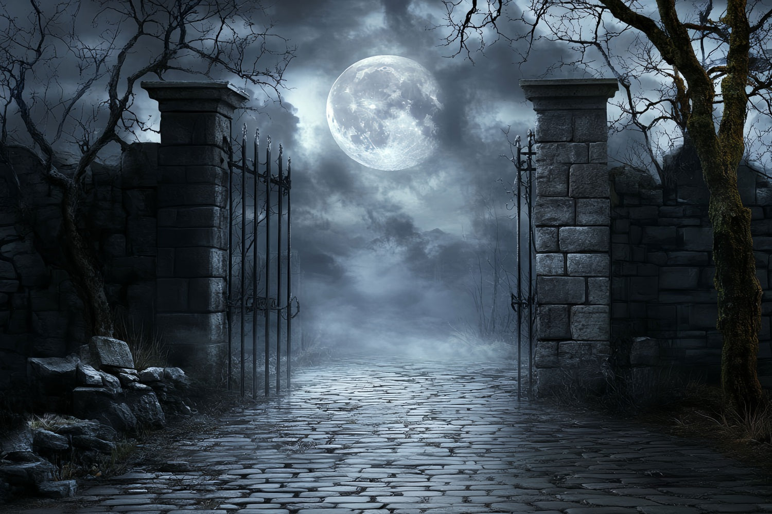 Moon Backdrop Moonlit Cemetery Iron Gate Halloween Photo Booth Backdrop CSH58-71