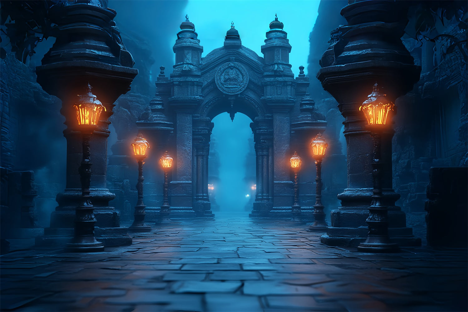 Dark Backdrop Misty Lantern Archway Path Halloween Backdrops CSH58-75