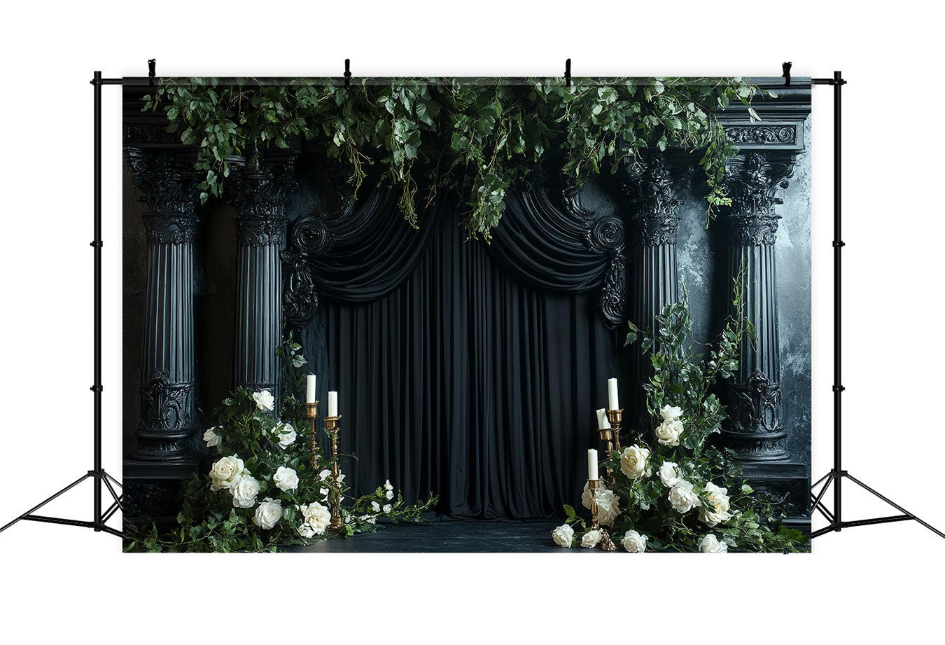 Dark Backdrop Black Pillar Roses Candles Halloween Backdrop for Photos CSH58-77
