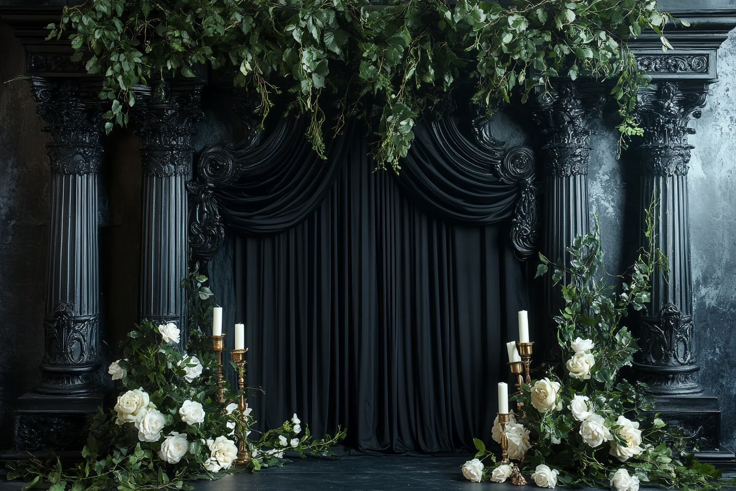 Dark Backdrop Black Pillar Roses Candles Halloween Backdrop for Photos CSH58-77
