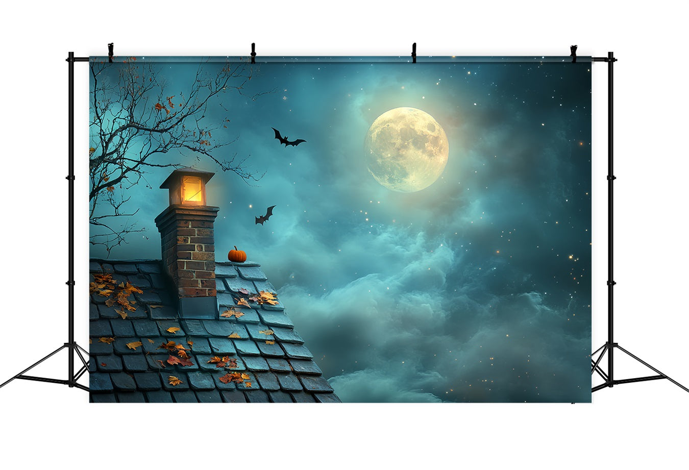 Night Sky Backdrop Pumpkin Rooftop Starry Moon Halloween Backdrops CSH58-82