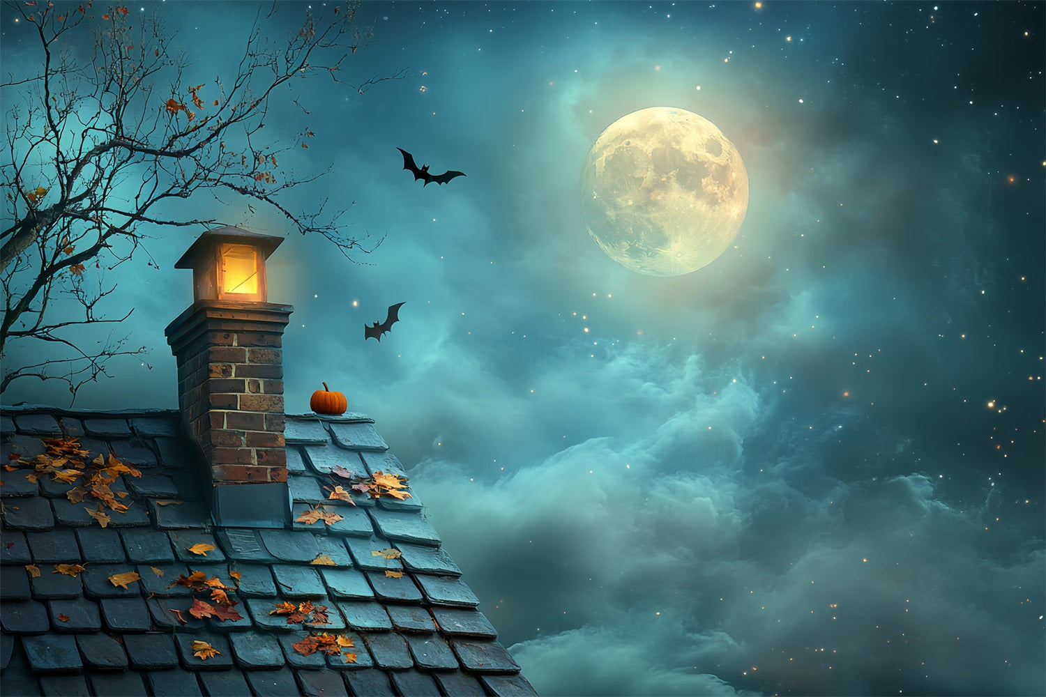 Night Sky Backdrop Pumpkin Rooftop Starry Moon Halloween Backdrops CSH58-82