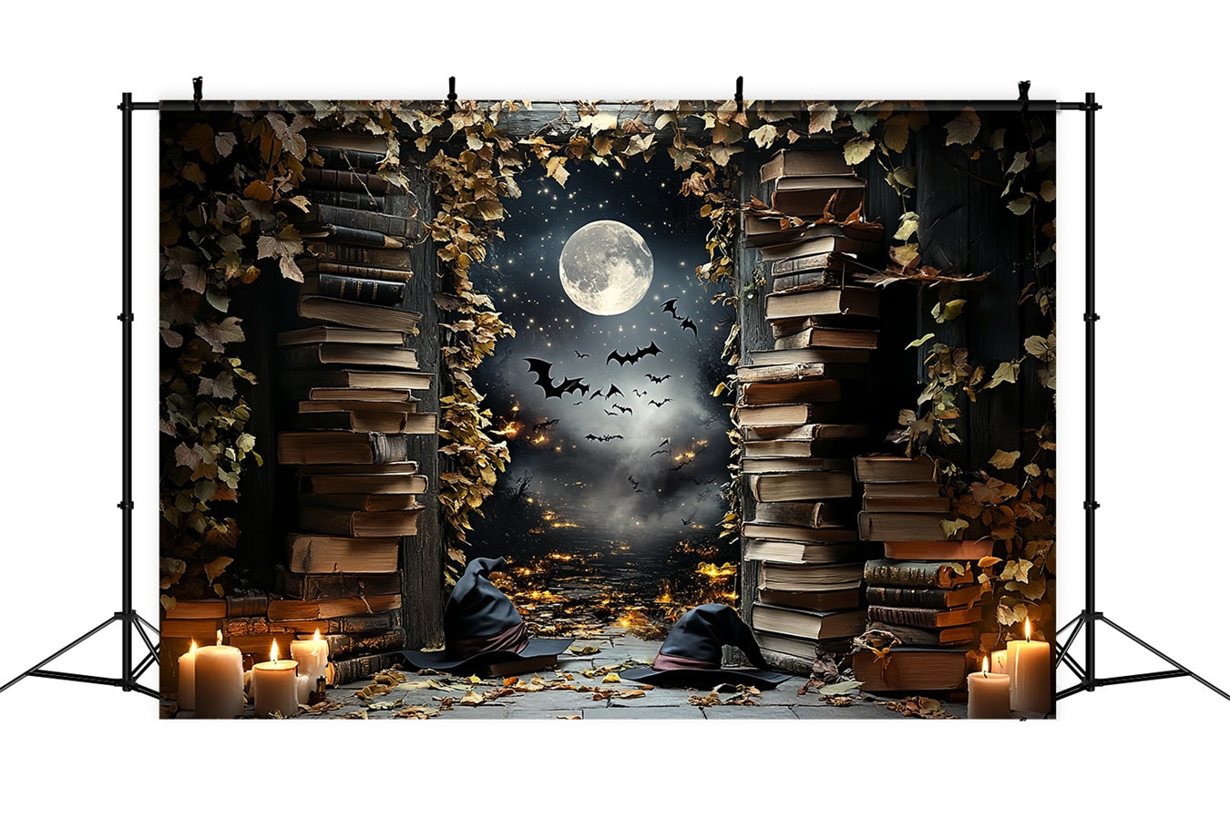 Night Sky Backdrop Witch Library Moonlit Bats Halloween Backdrop Ideas CSH58-84