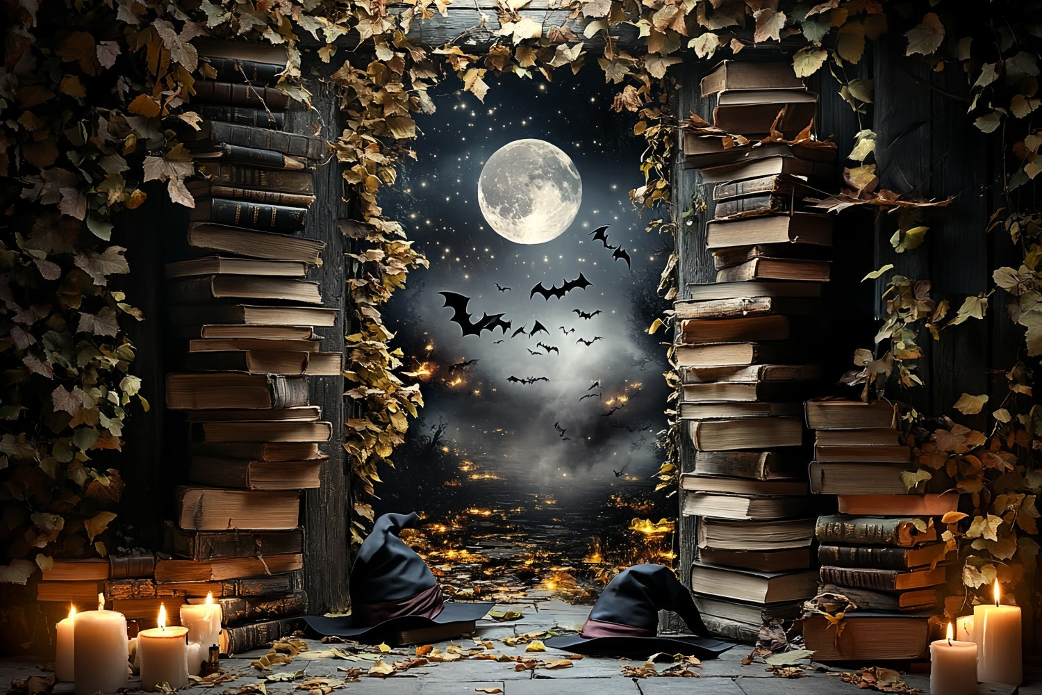 Night Sky Backdrop Witch Library Moonlit Bats Halloween Backdrop Ideas CSH58-84