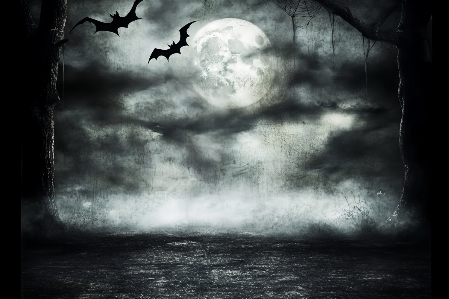 Night Sky Backdrop Moonlit Bats Haunted Forest Halloween Photo Backdrop CSH58-85