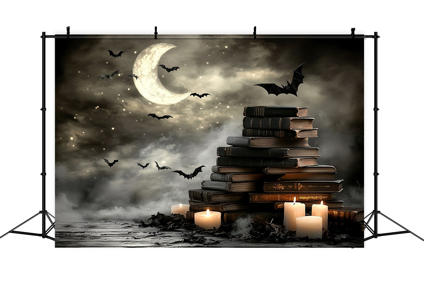 Night Sky Backdrop Crescent Moon Bats Books Candles Halloween Backdrops CSH58-86