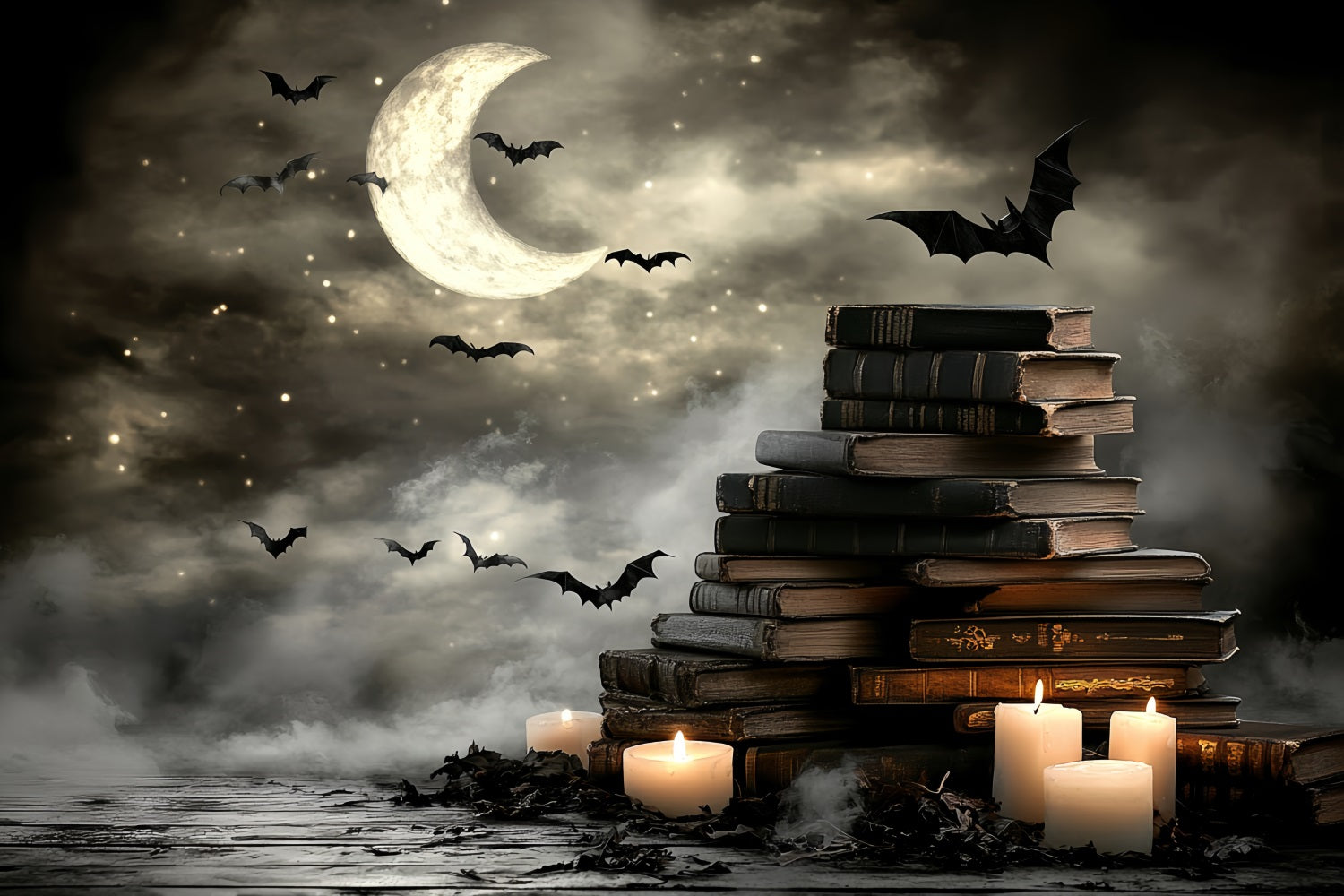 Night Sky Backdrop Crescent Moon Bats Books Candles Halloween Backdrops CSH58-86