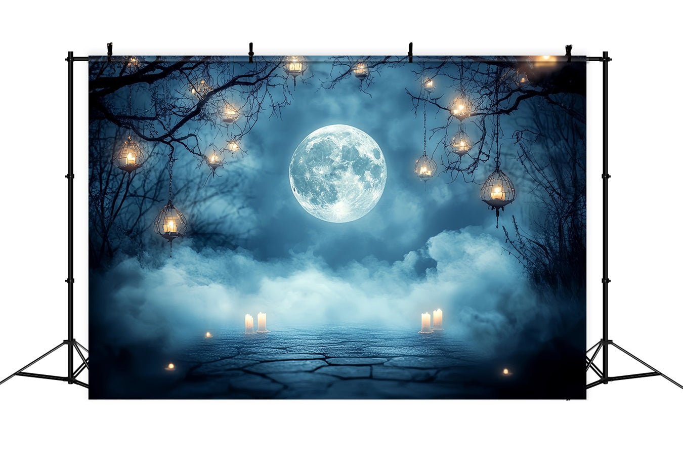 Night Sky Backdrop Full Moon Fog Lantern Candles Halloween Backdrops CSH58-87