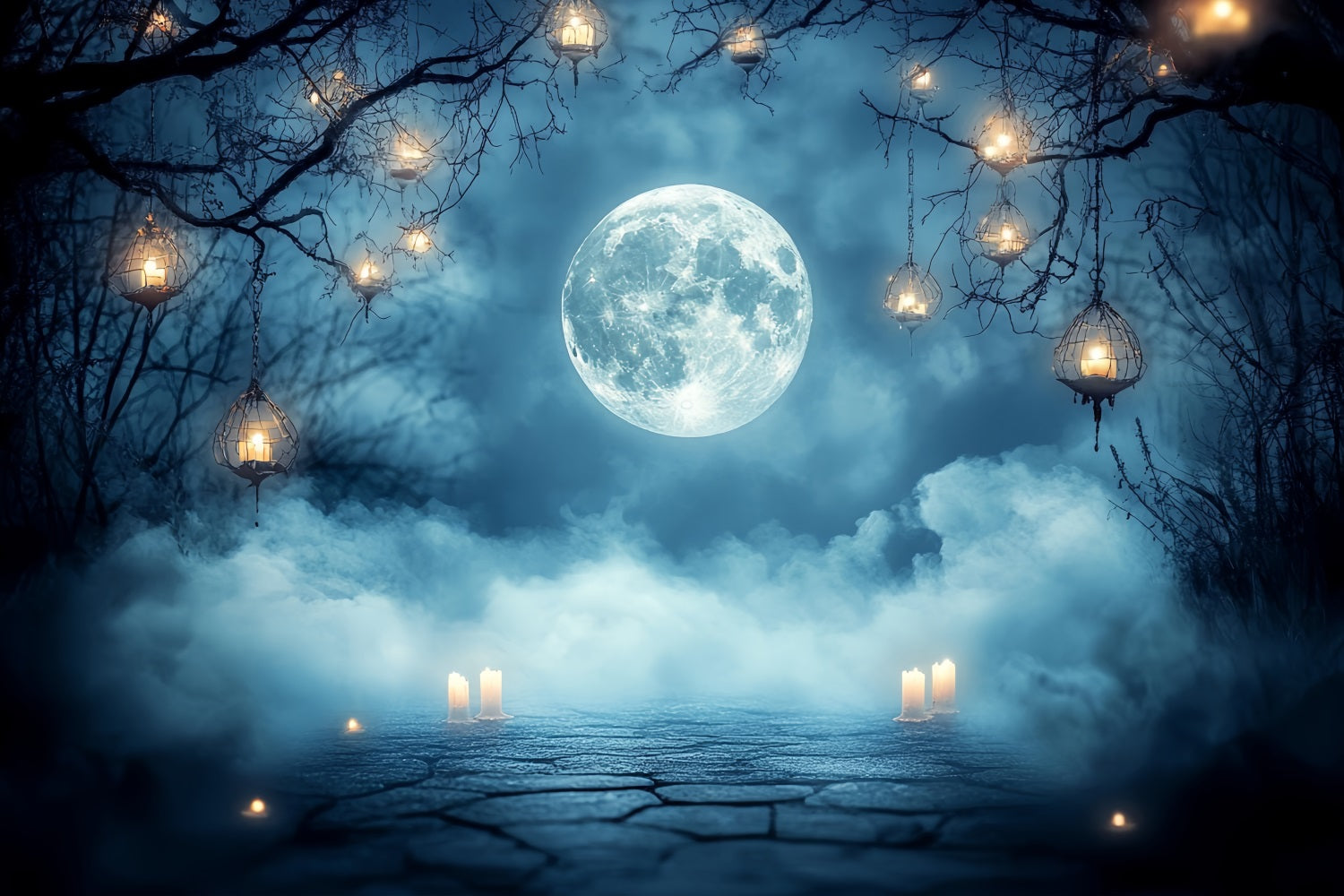 Night Sky Backdrop Full Moon Fog Lantern Candles Halloween Backdrops CSH58-87