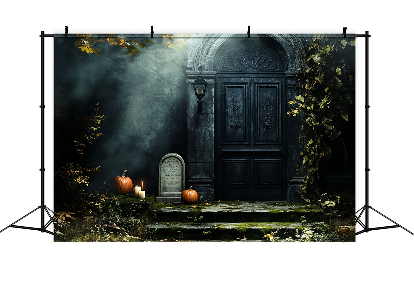 Cemetery Backdrop Haunted Door Pumpkins Moss Gravestone Halloween Backdrop CSH58-88