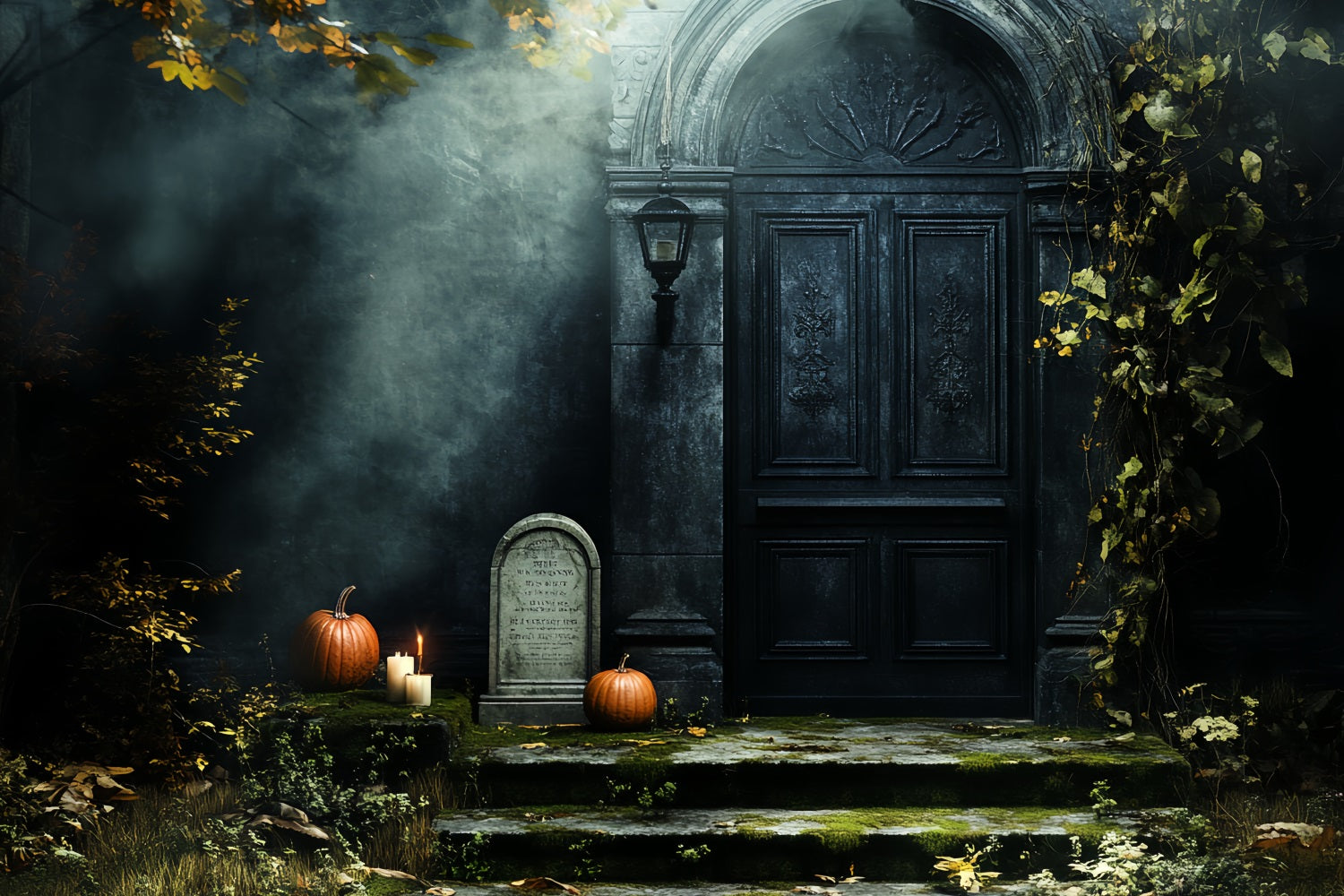 Cemetery Backdrop Haunted Door Pumpkins Moss Gravestone Halloween Backdrop CSH58-88