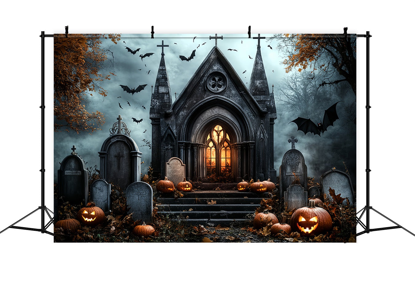 Cemetery Backdrop Gothic Church Pumpkins Bats Gravestones Halloween Backdrops CSH58-89