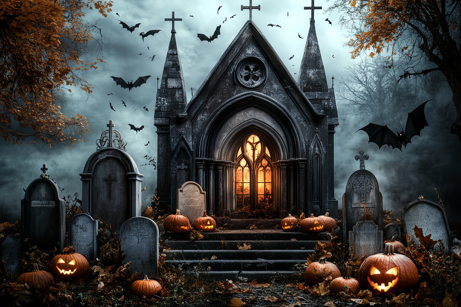 Cemetery Backdrop Gothic Church Pumpkins Bats Gravestones Halloween Backdrops CSH58-89