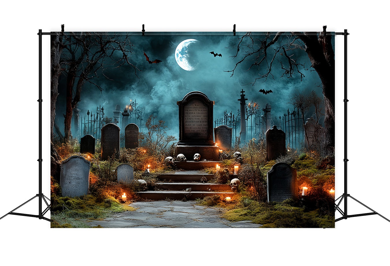 Cemetery Backdrop Spooky Tombstones Bat Night Halloween Backdrop CSH58-90