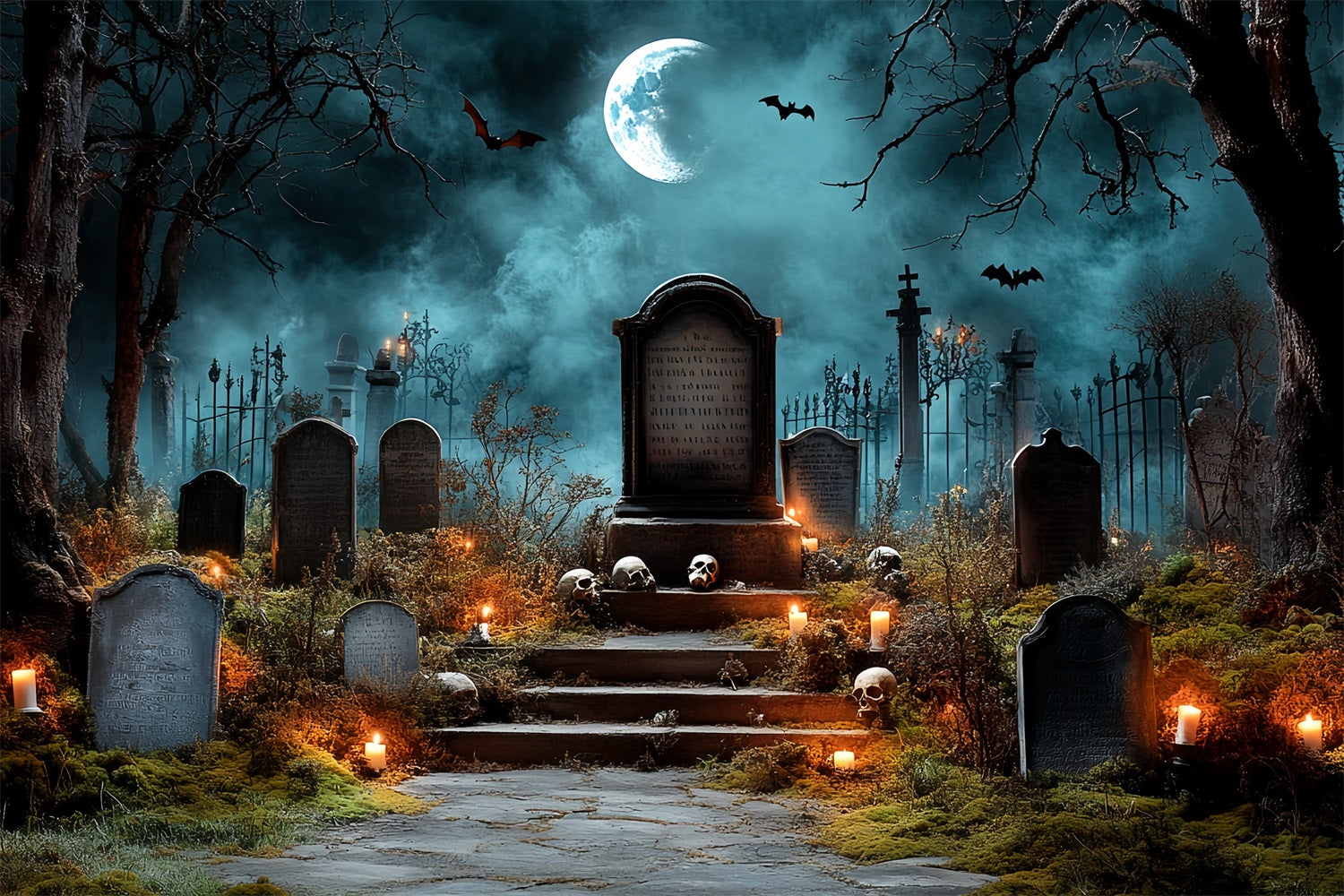 Cemetery Backdrop Spooky Tombstones Bat Night Halloween Backdrop CSH58-90