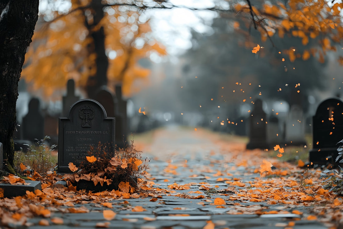 Fall Graveyard Background Cemetery Backdrop Autumn Leaves Grave Path Halloween Backdrop CSH58-91