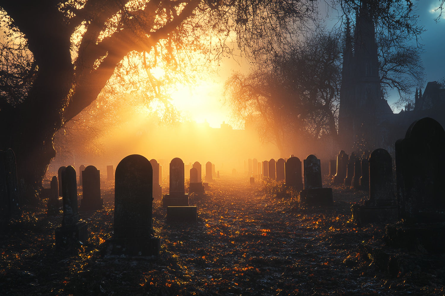 Cemetery Backdrop Cemetery Golden Sunset Mist Halloween Backdrops CSH58-92
