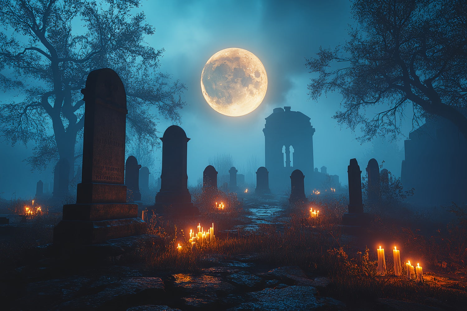 Cemetery Backdrop Graveyard Full Moon Glow Halloween Backdrop Ideas CSH58-93