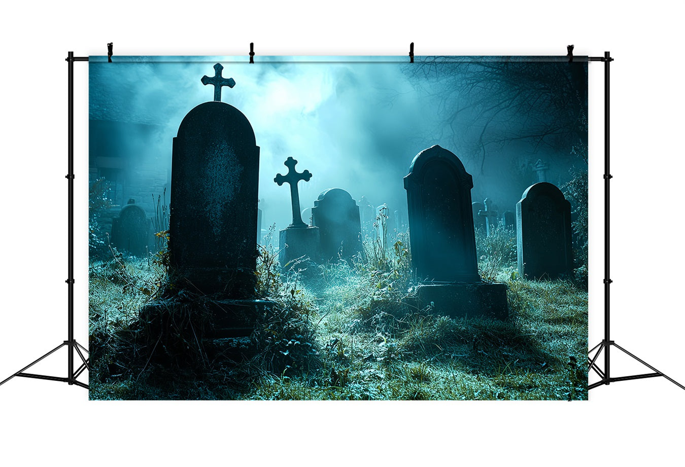 Cemetery Backdrop Foggy Midnight Graveyard Crosses Halloween Backdrop CSH58-94