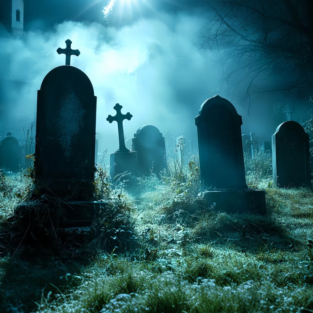 Cemetery Backdrop Foggy Midnight Graveyard Crosses Halloween Backdrop CSH58-94