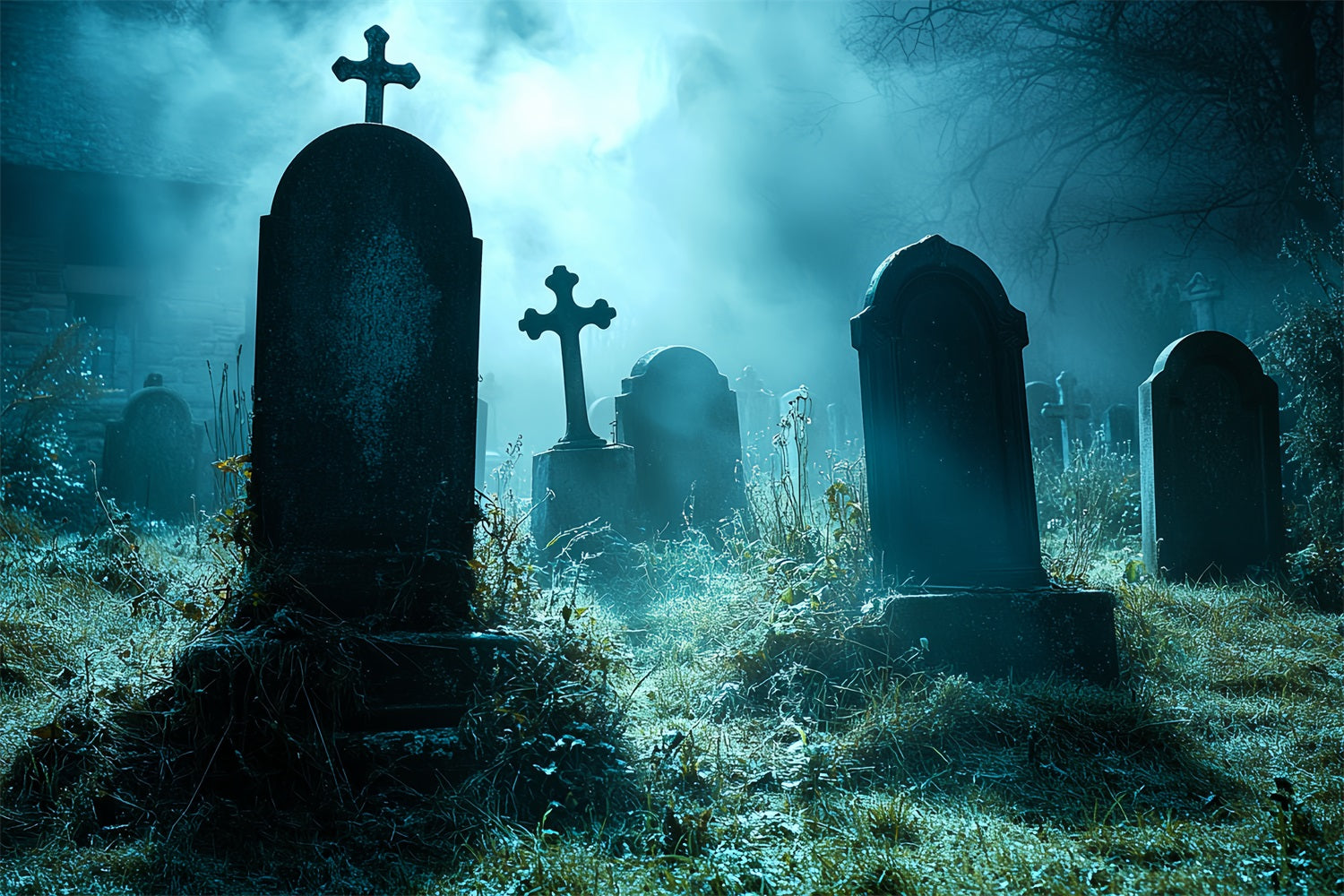 Cemetery Backdrop Foggy Midnight Graveyard Crosses Halloween Backdrop CSH58-94