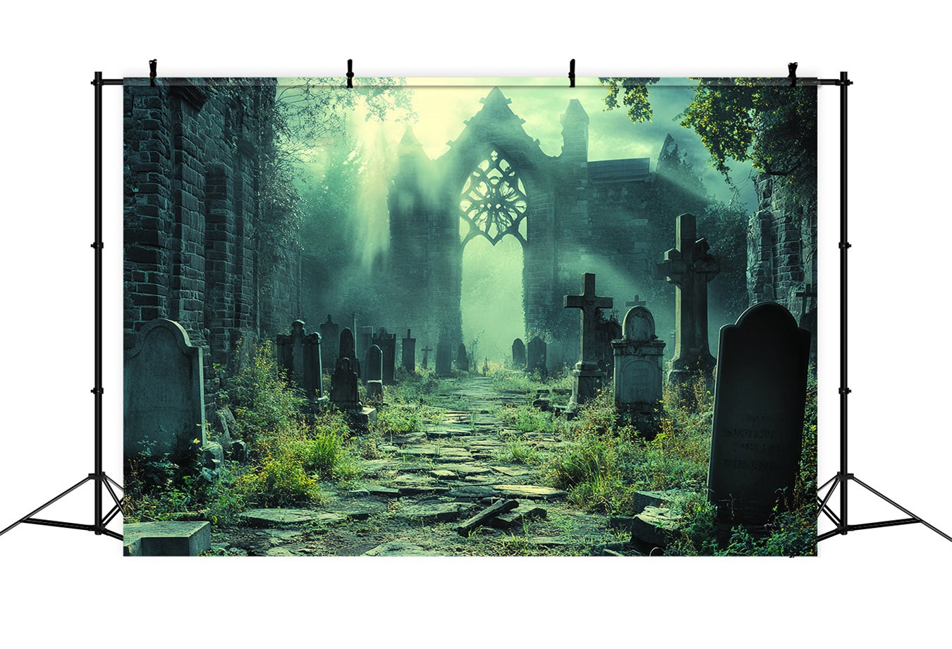 Graveyard Backdrop Ruined Cathedral Graveyard Shadows Halloween Backdrops CSH58-95
