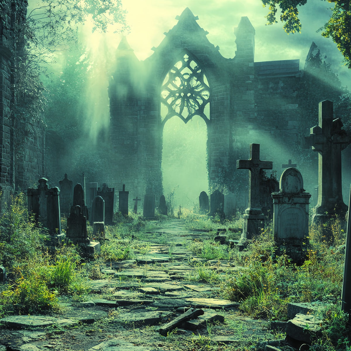 Graveyard Backdrop Ruined Cathedral Graveyard Shadows Halloween Backdrops CSH58-95