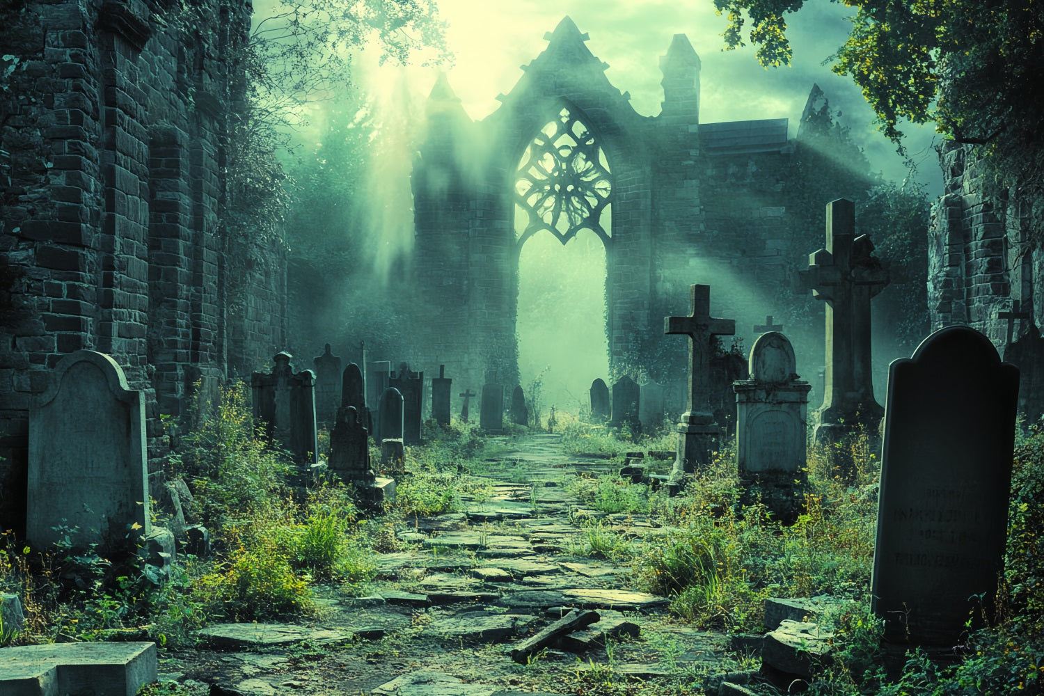 Graveyard Backdrop Ruined Cathedral Graveyard Shadows Halloween Backdrops CSH58-95
