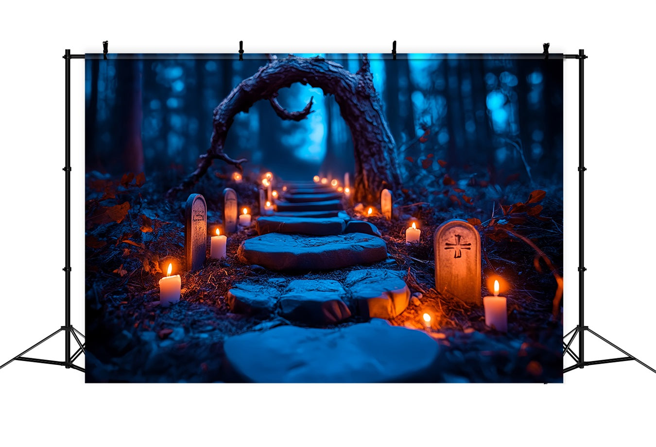 Graveyard Backdrop Candlelit Tombstone Forest Trail Halloween Photo Backdrop CSH58-96