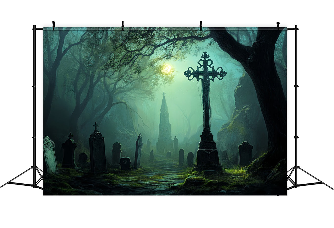Graveyard Backdrop Moonlit Haunted Graveyard Path Halloween Photo Backdrop CSH58-97