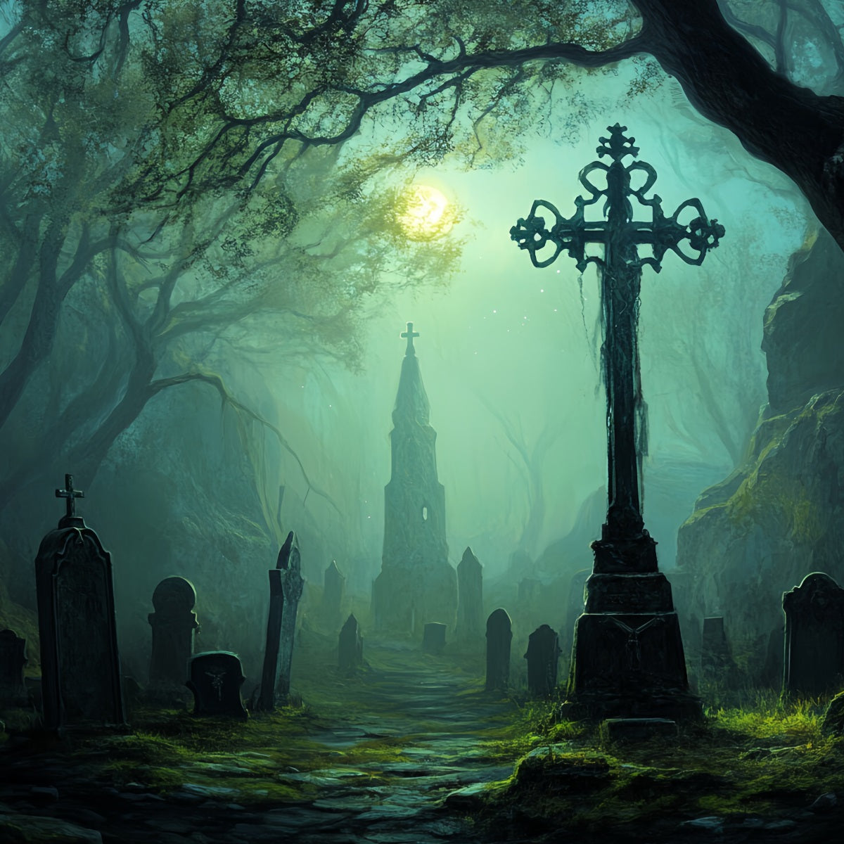 Graveyard Backdrop Moonlit Haunted Graveyard Path Halloween Photo Backdrop CSH58-97