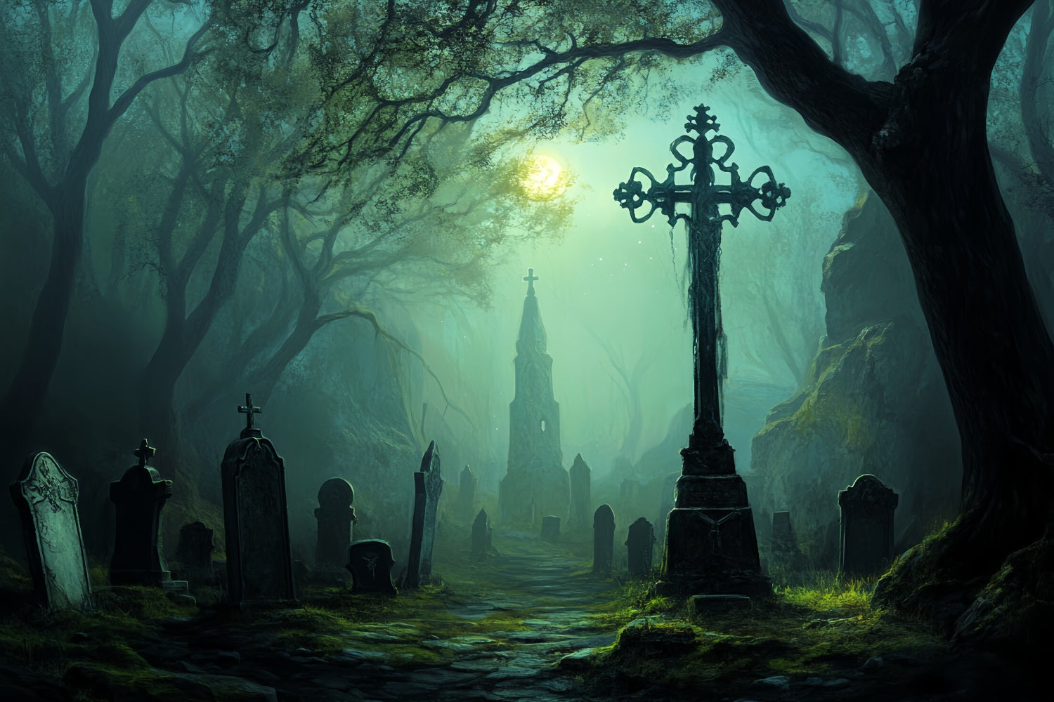 Graveyard Backdrop Moonlit Haunted Graveyard Path Halloween Photo Backdrop CSH58-97
