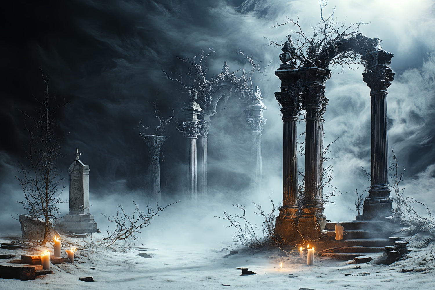 Graveyard Backdrop Candlelit Gothic Ruins Halloween Backdrops for Photos CSH58-99