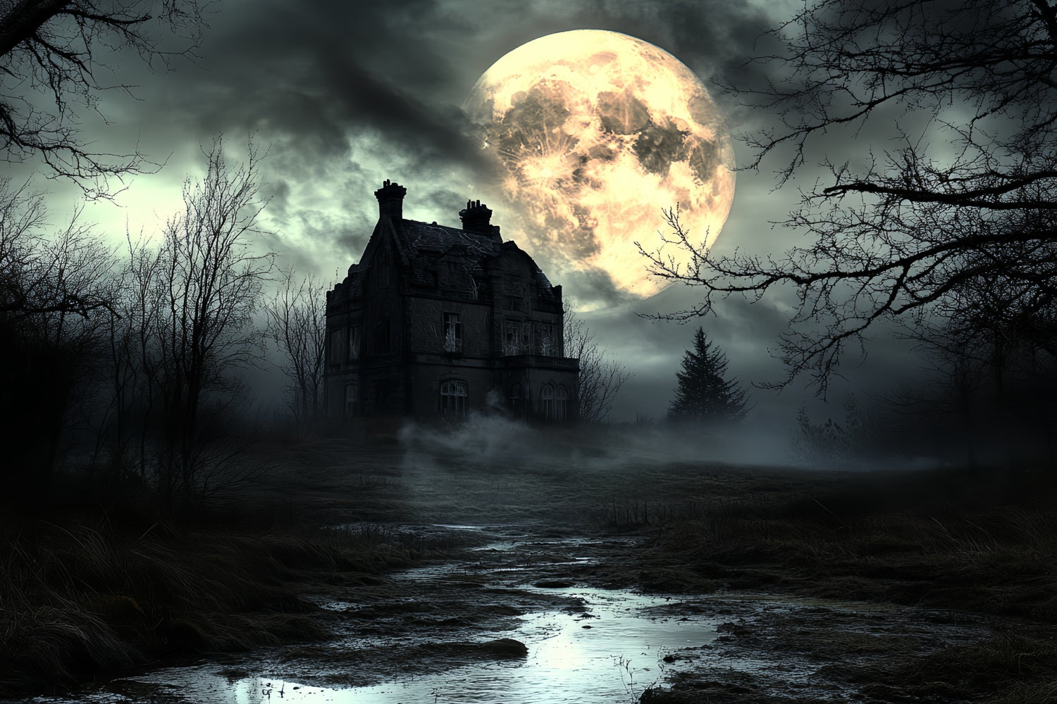 Halloween Moon Backdrop Fog Moon Horror Night Backdrop CSH6-105