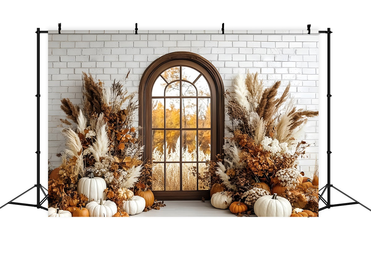 Boho Photo Backdrop Brick Pumpkin Porch Autumn Backdrops CSH6-184