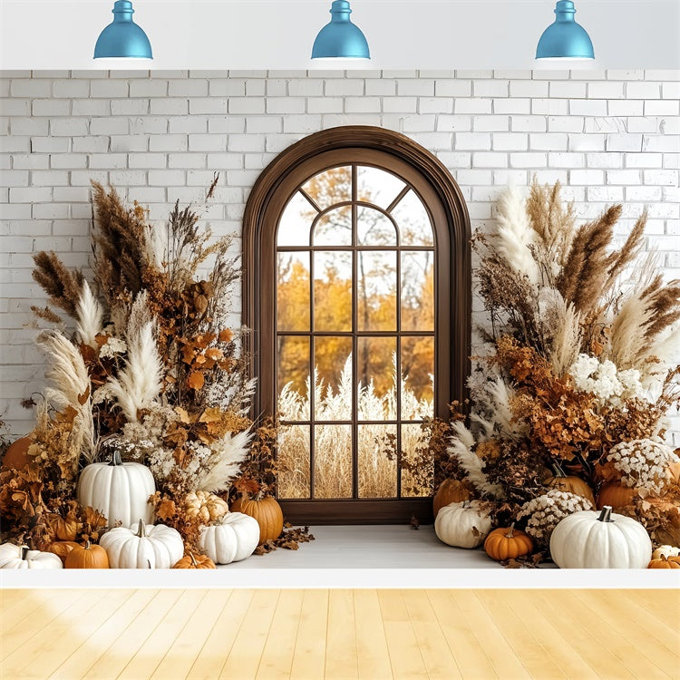 Boho Photo Backdrop Brick Pumpkin Porch Autumn Backdrops CSH6-184