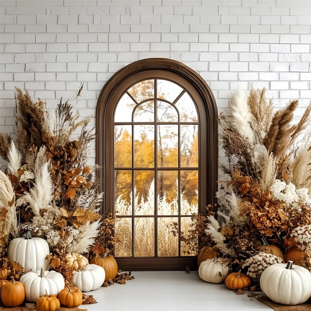 Boho Photo Backdrop Brick Pumpkin Porch Autumn Backdrops CSH6-184