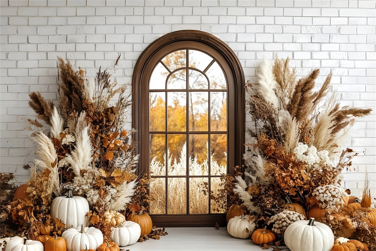Boho Photo Backdrop Brick Pumpkin Porch Autumn Backdrops CSH6-184
