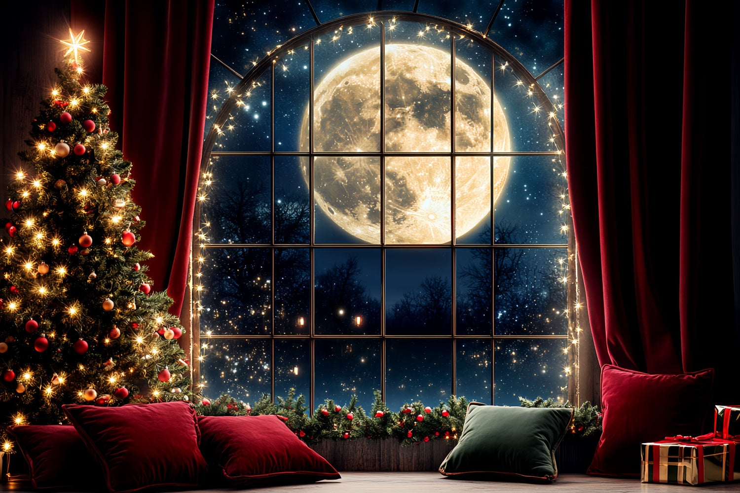 Christmas Backdrops Sale Red Curtain Full Moon Backdrop CSH6-250