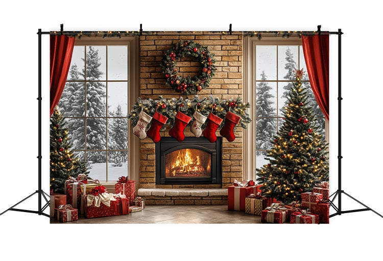 Christmas Fireplace Backdrop Warm Hearth Winter Backdrop CSH6-257